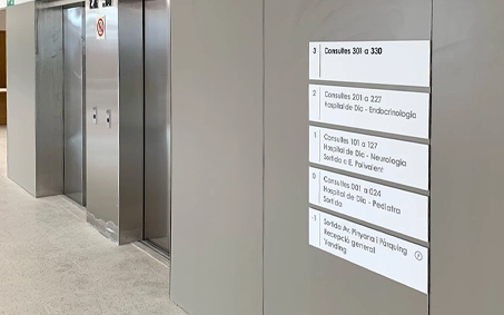 Directori general i pla d'evacuació en un hospital, senyalística clara i accessible