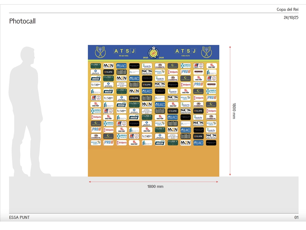 Plano Photocall marcas partido Copa del Rey Atlético Santo Just impresión digital esponsor ESSA PUNT